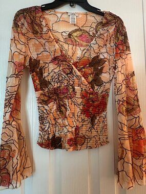 Cache Floral Sheer Peach & Brown Long Sleeve Top